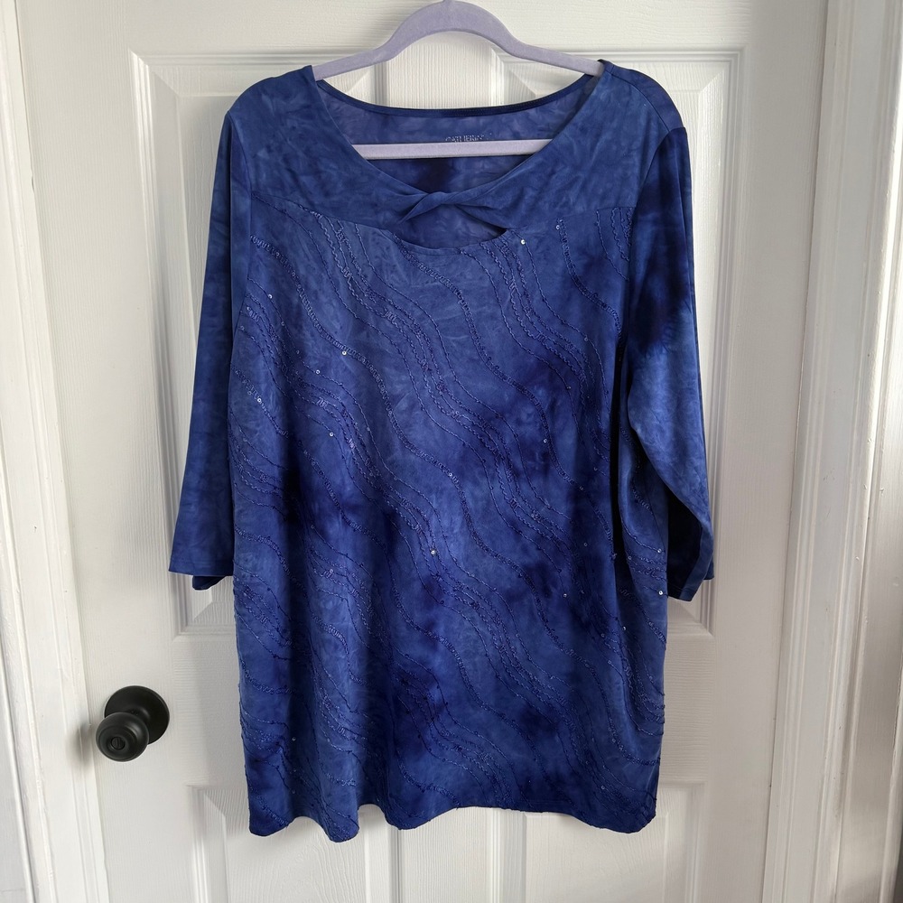 Catherines Blue Tie Dye Sequin Embroidered Tunic Top Twist Neck 1X